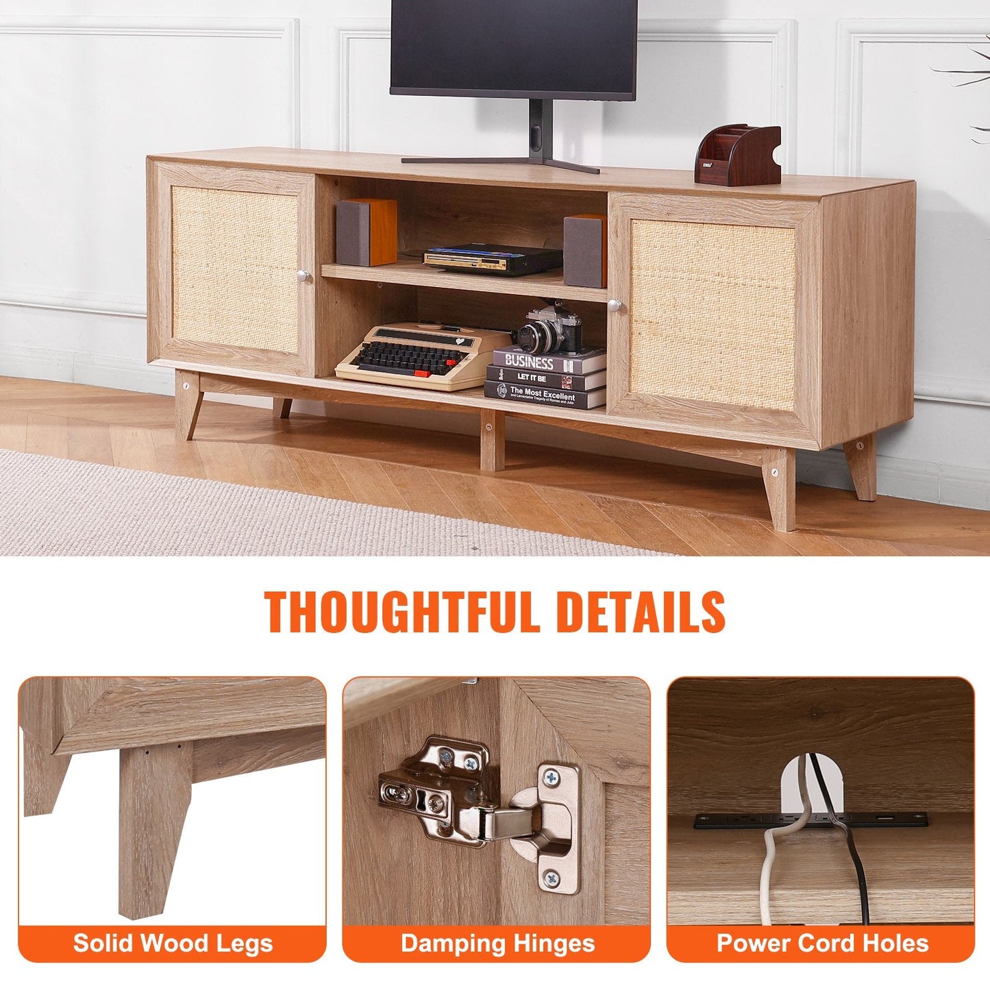 Boho Rattan TV Stand for 1.9m TV with Built-in Sockets and Ample Storage
