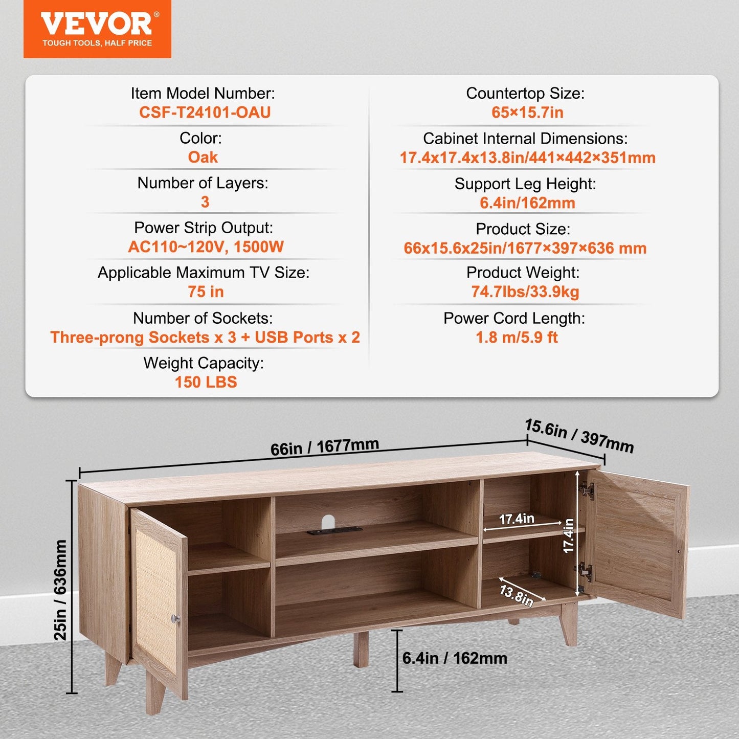 Boho Rattan TV Stand for 1.9m TV with Built-in Sockets and Ample Storage