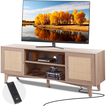 Boho Rattan TV Stand for 1.9m TV with Built-in Sockets and Ample Storage