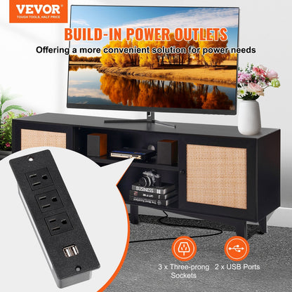 Boho Rattan TV Stand for 1.9m TVs with Built-in Socket and Ample Storage