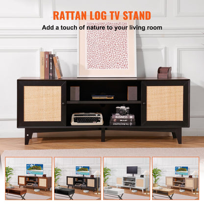 Boho Rattan TV Stand for 1.9m TVs with Built-in Socket and Ample Storage