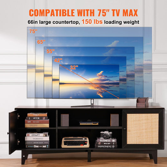 Boho Rattan TV Stand for 1.9m TVs with Built-in Socket and Ample Storage