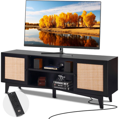 Boho Rattan TV Stand for 1.9m TVs with Built-in Socket and Ample Storage