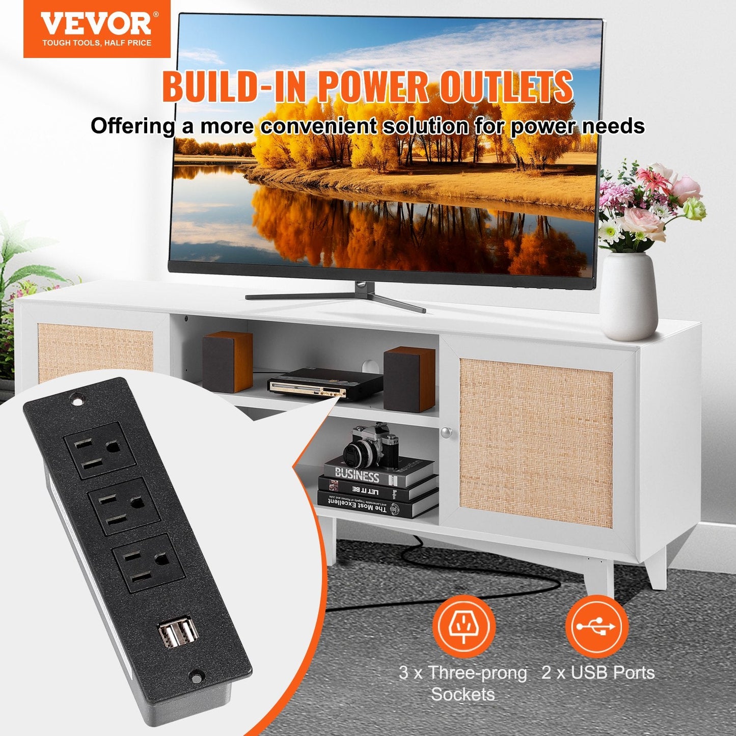 Boho Rattan TV Stand for 1.9m TVs with Built-in Socket, White Finish
