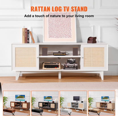 Boho Rattan TV Stand for 1.9m TVs with Built-in Socket, White Finish