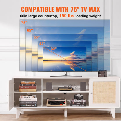 Boho Rattan TV Stand for 1.9m TVs with Built-in Socket, White Finish