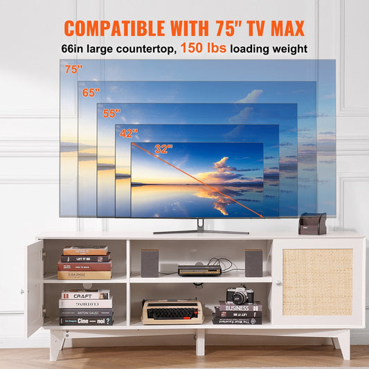 Boho Rattan TV Stand for 1.9m TVs with Built-in Socket, White Finish