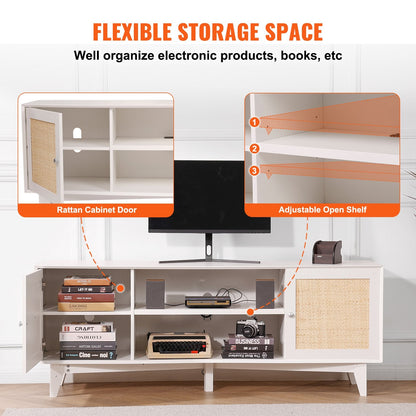Boho Rattan TV Stand for 1.9m TVs with Built-in Socket, White Finish