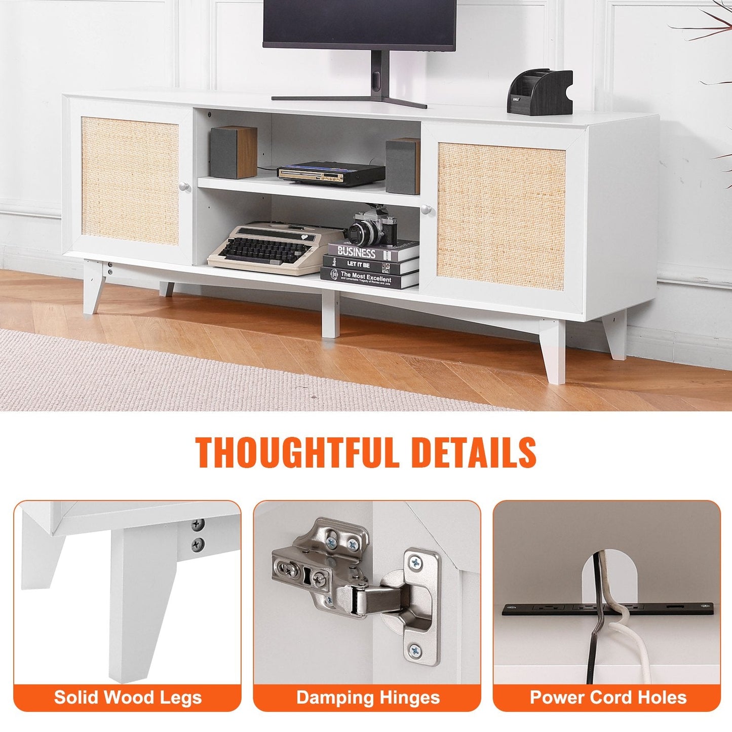 Boho Rattan TV Stand for 1.9m TVs with Built-in Socket, White Finish