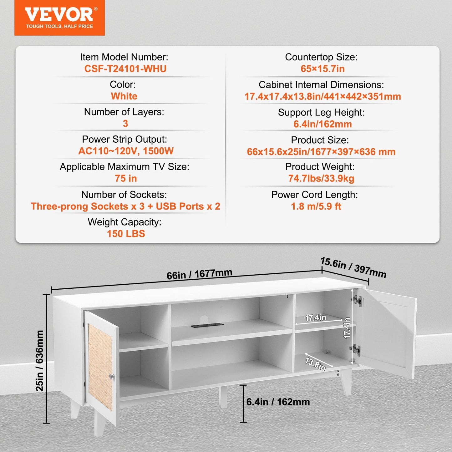 Boho Rattan TV Stand for 1.9m TVs with Built-in Socket, White Finish