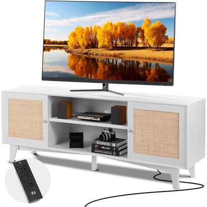 Boho Rattan TV Stand for 1.9m TVs with Built-in Socket, White Finish