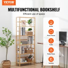 Sturdy bamboo bookshelf with six spacious tiers and a 22-pound capacity per shelf