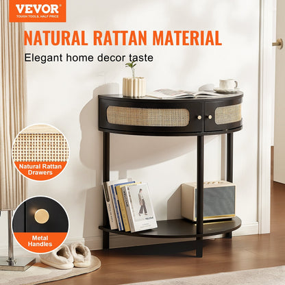 Half-Moon Rattan Console Table with Storage Drawers and Sliding Doors, Black