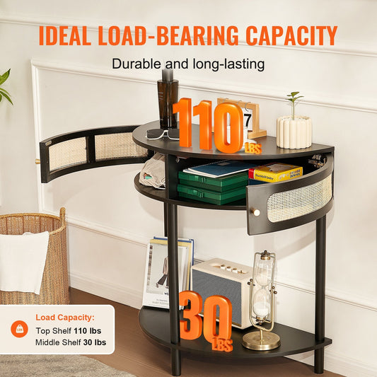 Half-Moon Rattan Console Table with Storage Drawers and Sliding Doors, Black