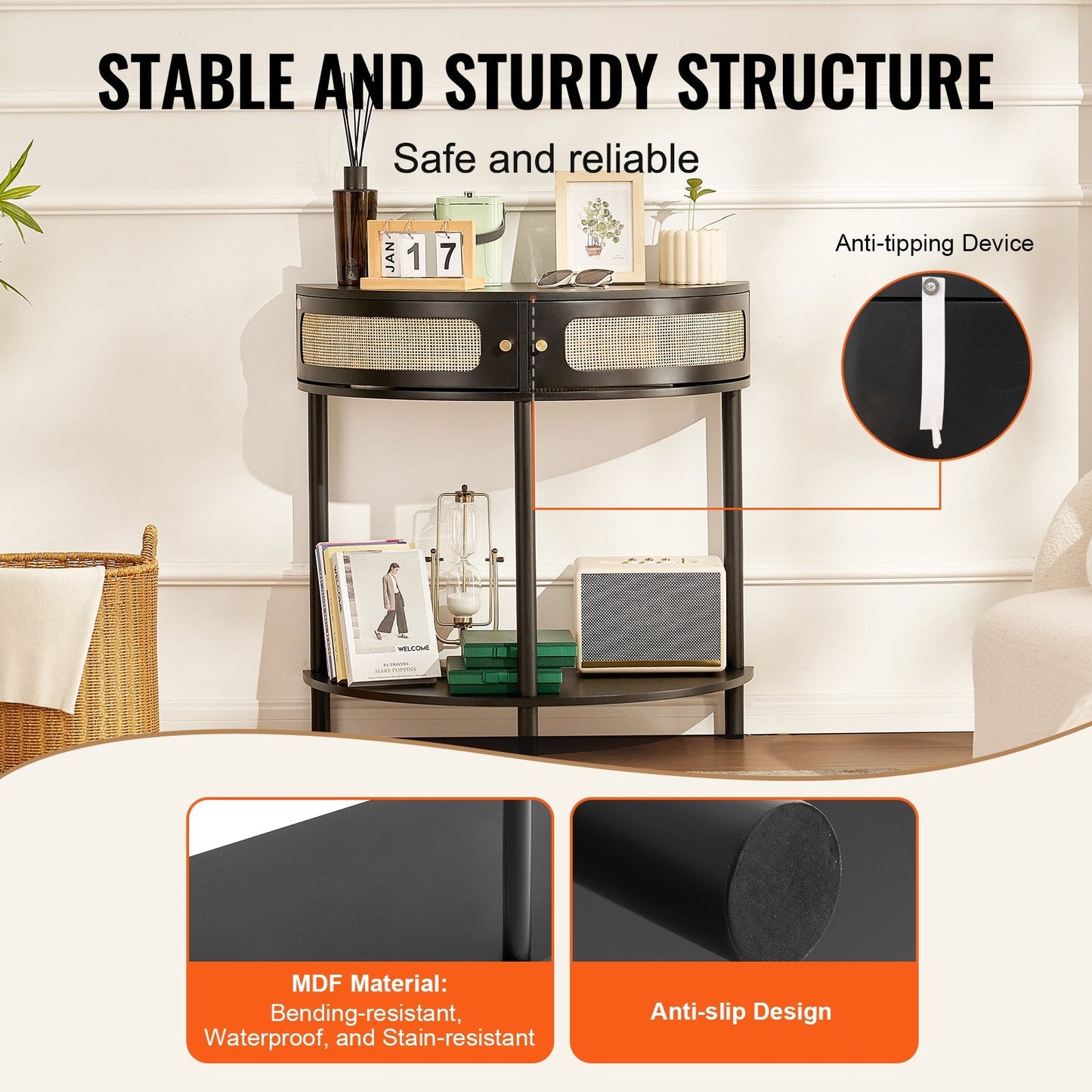 Half-Moon Rattan Console Table with Storage Drawers and Sliding Doors, Black