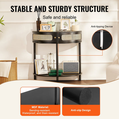 Half-Moon Rattan Console Table with Storage Drawers and Sliding Doors, Black