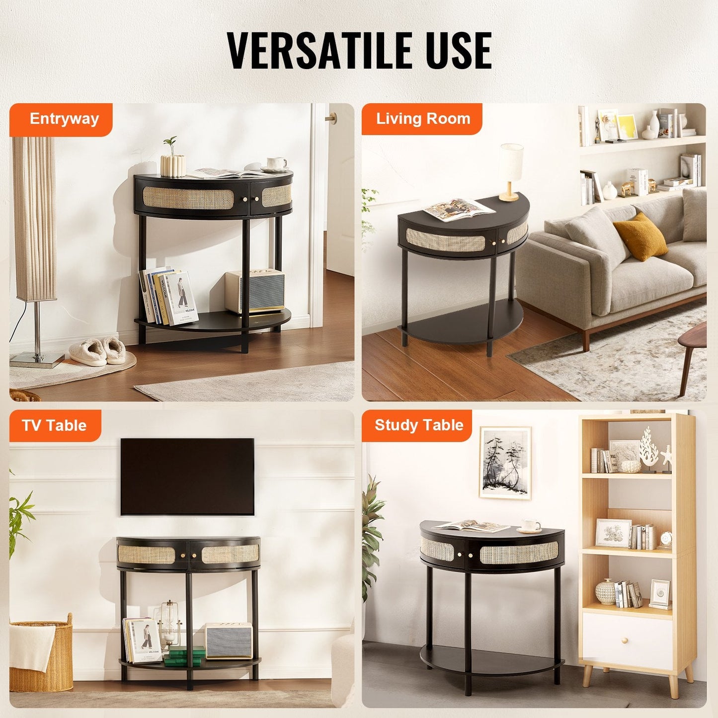 Half-Moon Rattan Console Table with Storage Drawers and Sliding Doors, Black