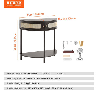 Half-Moon Rattan Console Table with Storage Drawers and Sliding Doors, Black