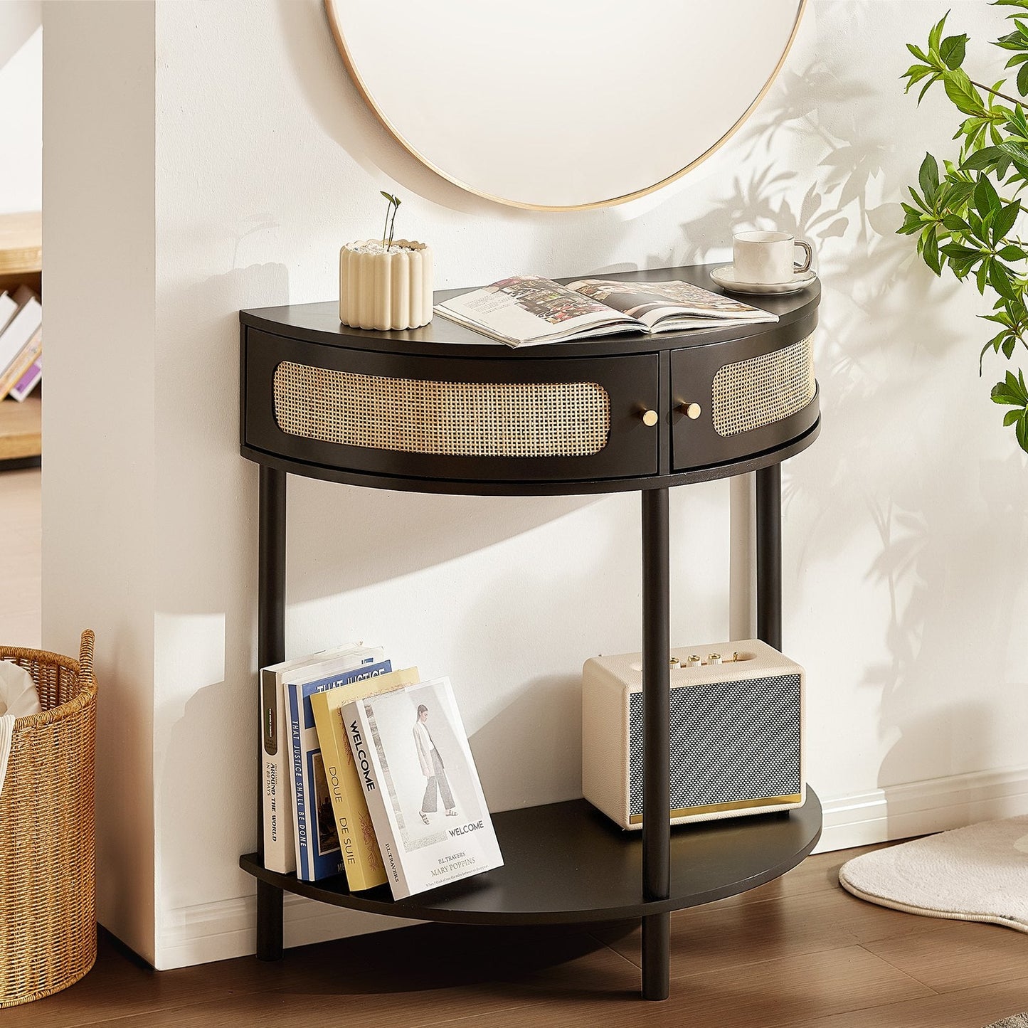 Half-Moon Rattan Console Table with Storage Drawers and Sliding Doors, Black