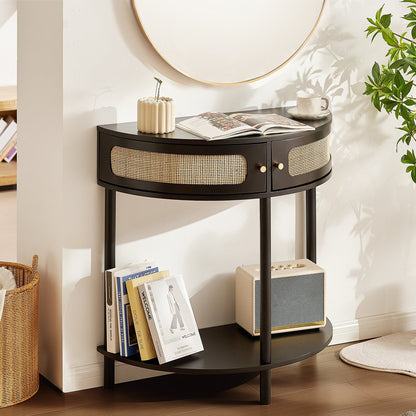 Half-Moon Rattan Console Table with Storage Drawers and Sliding Doors, Black