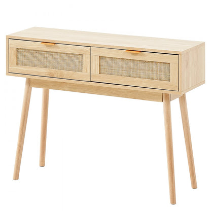 VEVOR Rattan Console Table with 2 Storage Drawers Rattan Sliding Door Natural