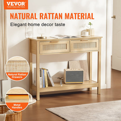 Natural Rattan Console Table with Sliding Door and Two Drawers, 136 kg Capacity