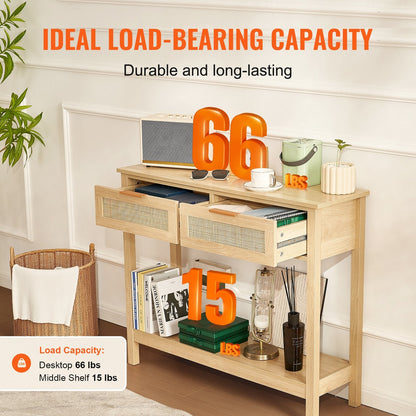 Natural Rattan Console Table with Sliding Door and Two Drawers, 136 kg Capacity
