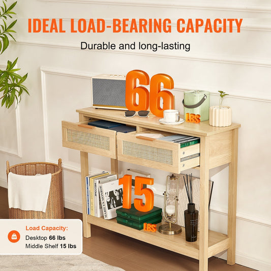 Natural Rattan Console Table with Sliding Door and Two Drawers, 136 kg Capacity
