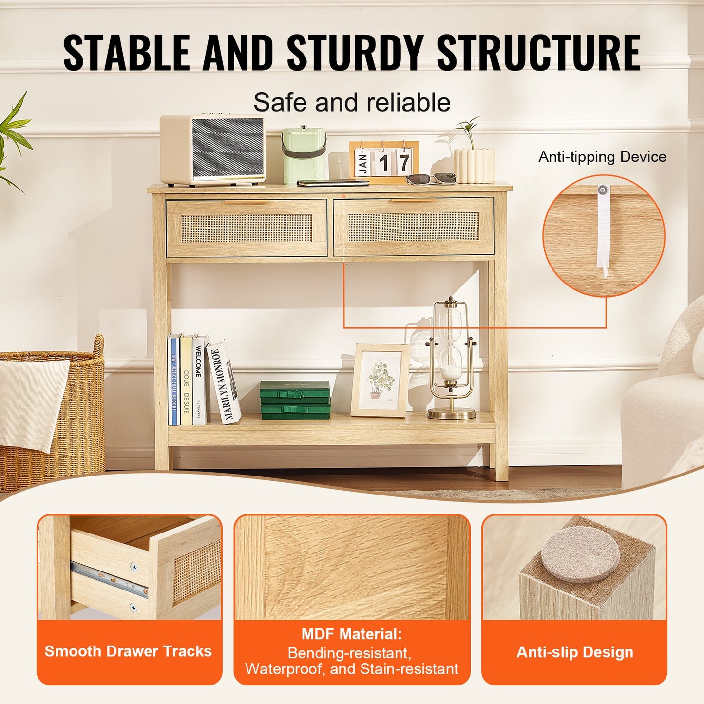 VEVOR Rattan Console Table with 2 Storage Drawers Rattan Sliding Door Natural