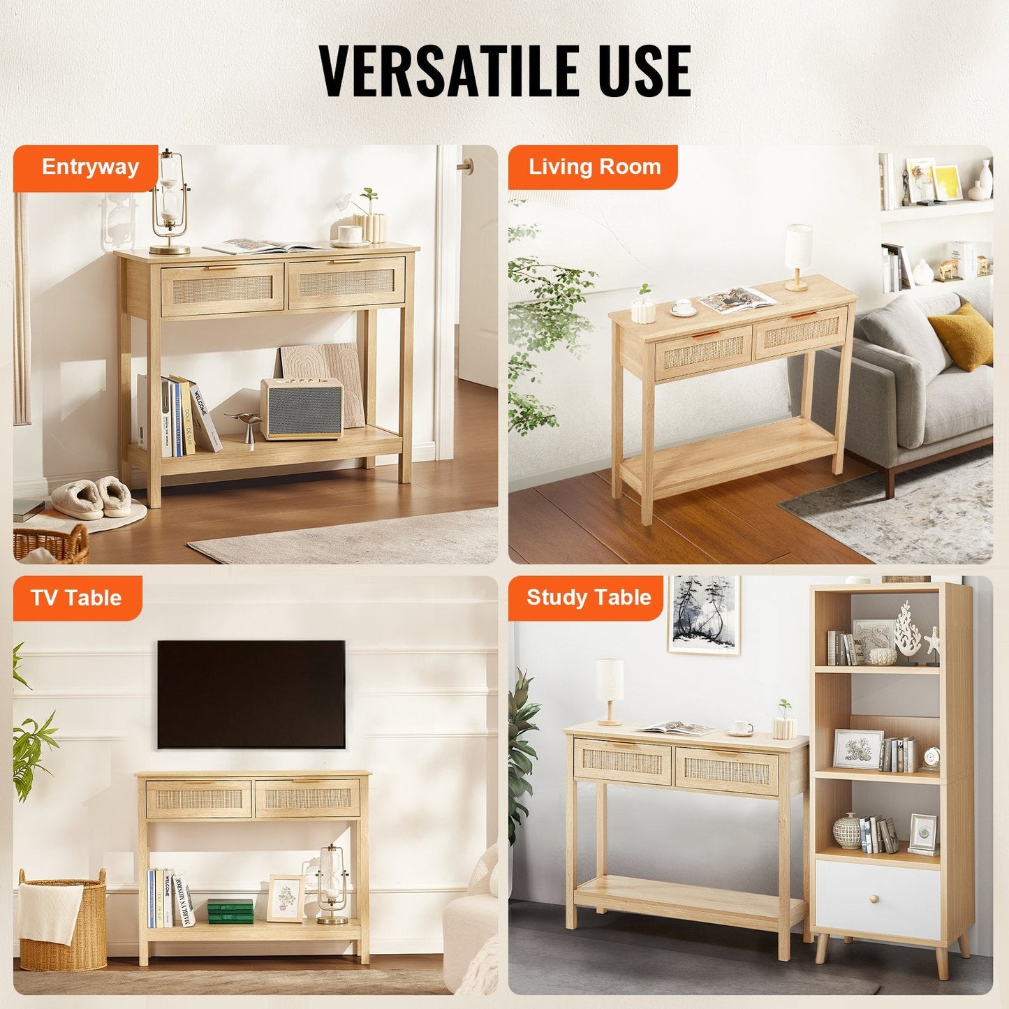 Natural Rattan Console Table with Sliding Door and Two Drawers, 136 kg Capacity