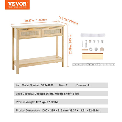 Natural Rattan Console Table with Sliding Door and Two Drawers, 136 kg Capacity
