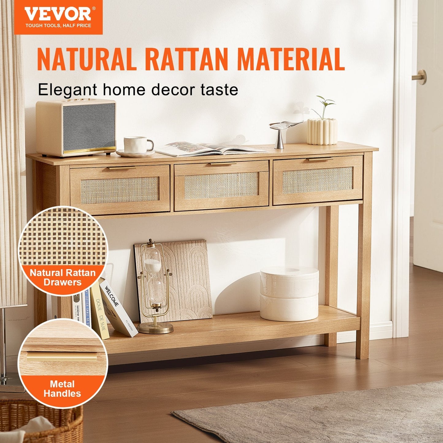 Natural Rattan Console Table with 3 Drawers and Sliding Door, 1.3m x 0.3m x 0.8m