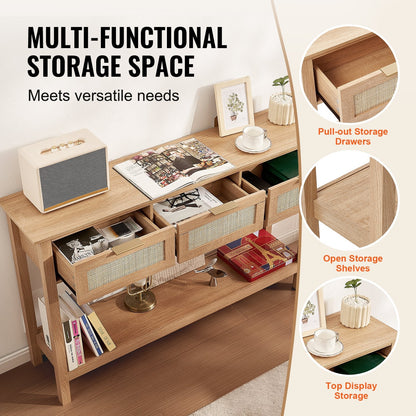 Natural Rattan Console Table with 3 Drawers and Sliding Door, 1.3m x 0.3m x 0.8m