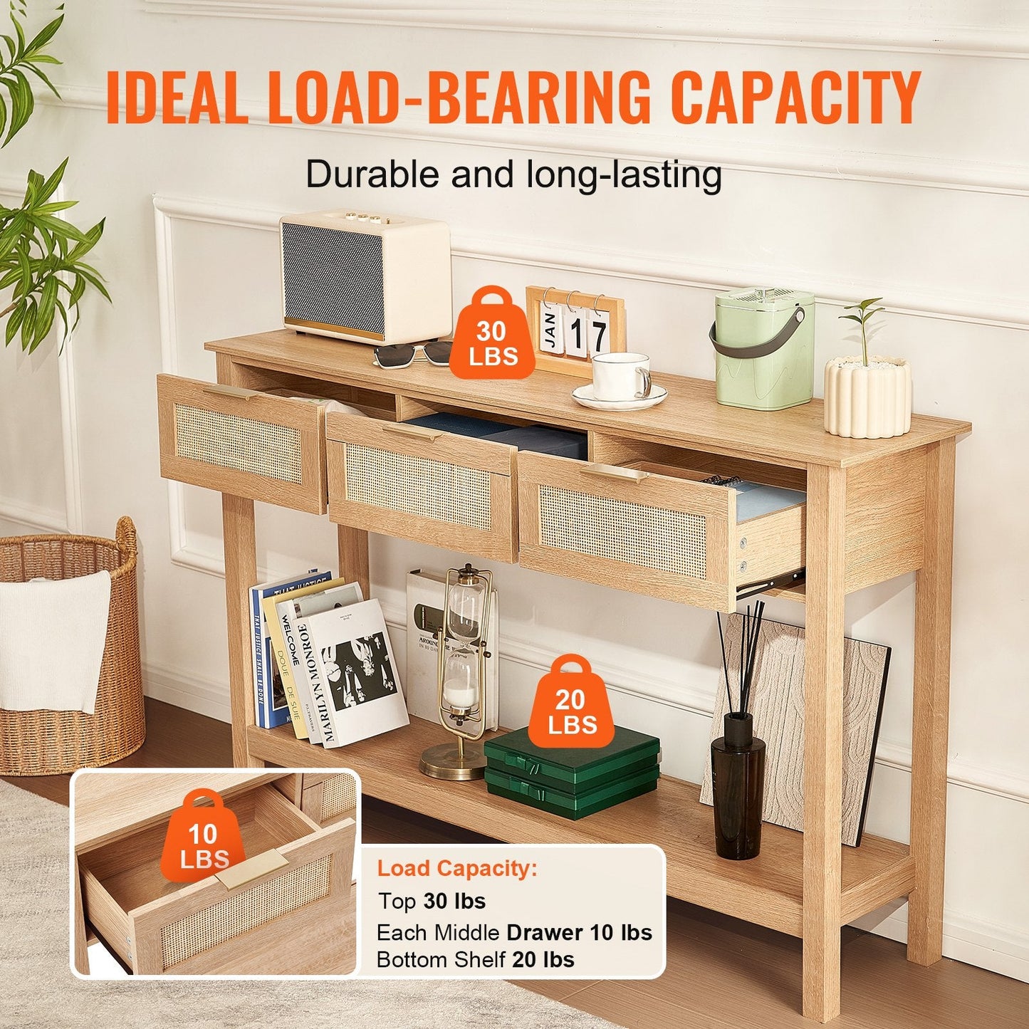 Natural Rattan Console Table with 3 Drawers and Sliding Door, 1.3m x 0.3m x 0.8m