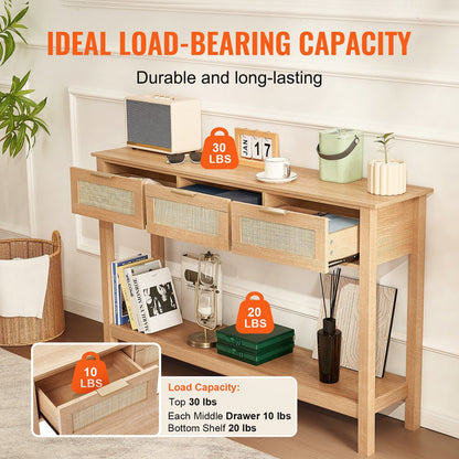 Natural Rattan Console Table with 3 Drawers and Sliding Door, 1.3m x 0.3m x 0.8m