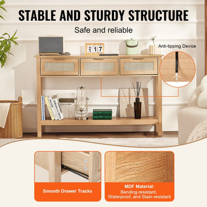 Natural Rattan Console Table with 3 Drawers and Sliding Door, 1.3m x 0.3m x 0.8m