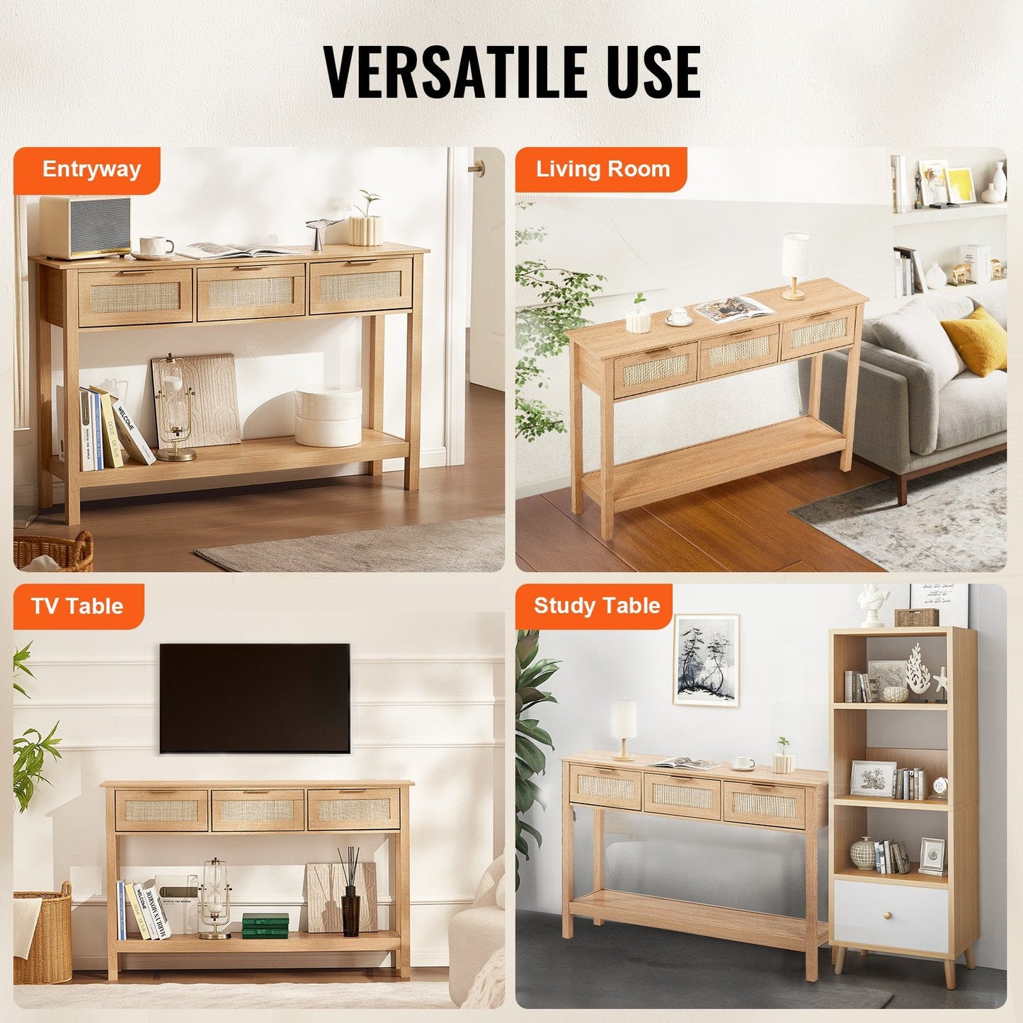 Natural Rattan Console Table with 3 Drawers and Sliding Door, 1.3m x 0.3m x 0.8m