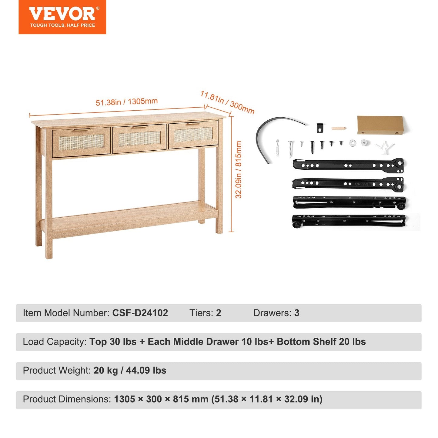 Natural Rattan Console Table with 3 Drawers and Sliding Door, 1.3m x 0.3m x 0.8m