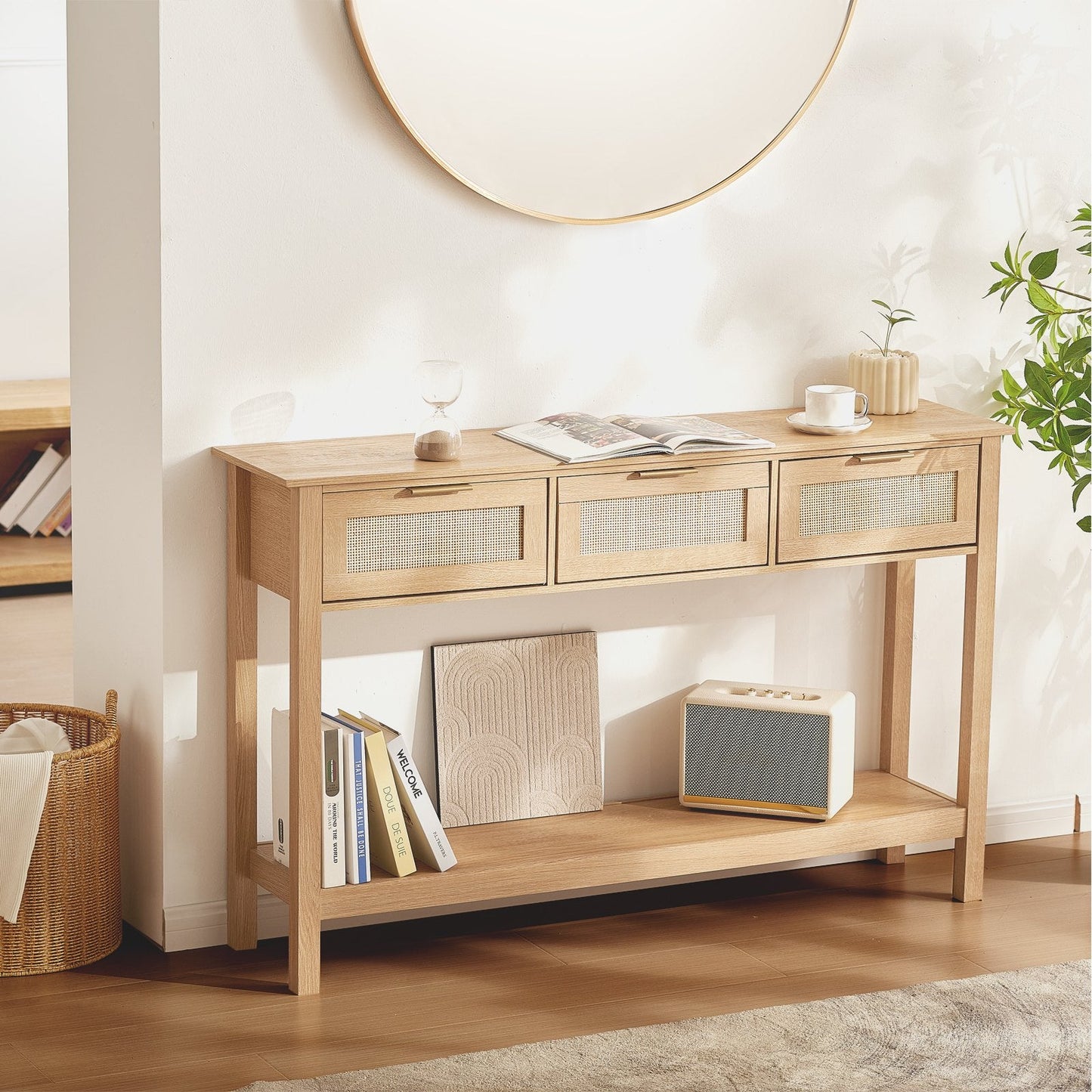 Natural Rattan Console Table with 3 Drawers and Sliding Door, 1.3m x 0.3m x 0.8m