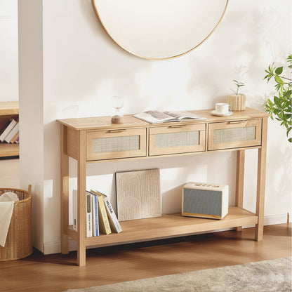 Natural Rattan Console Table with 3 Drawers and Sliding Door, 1.3m x 0.3m x 0.8m