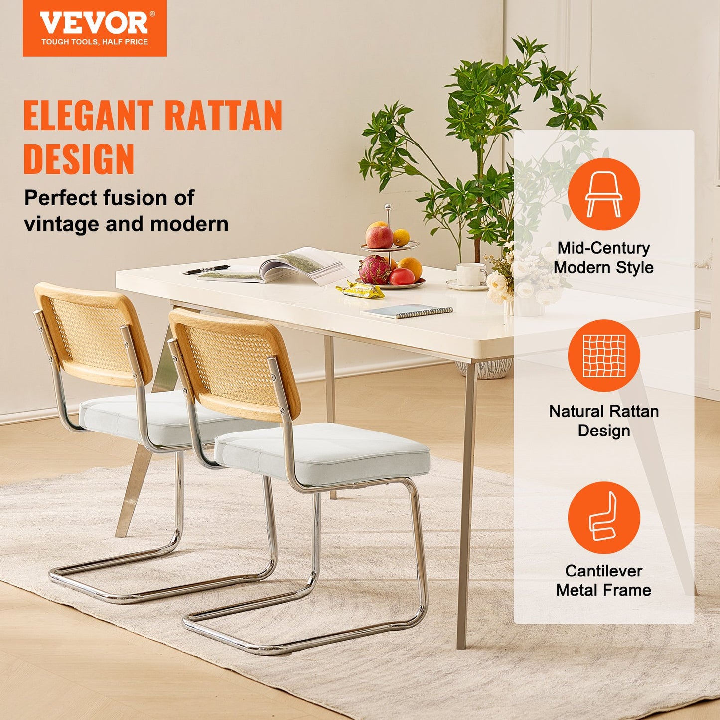 VEVOR Rattan Chairs, Set of 2, Mid Century Modern Dining Chair, Upholstered Velvet