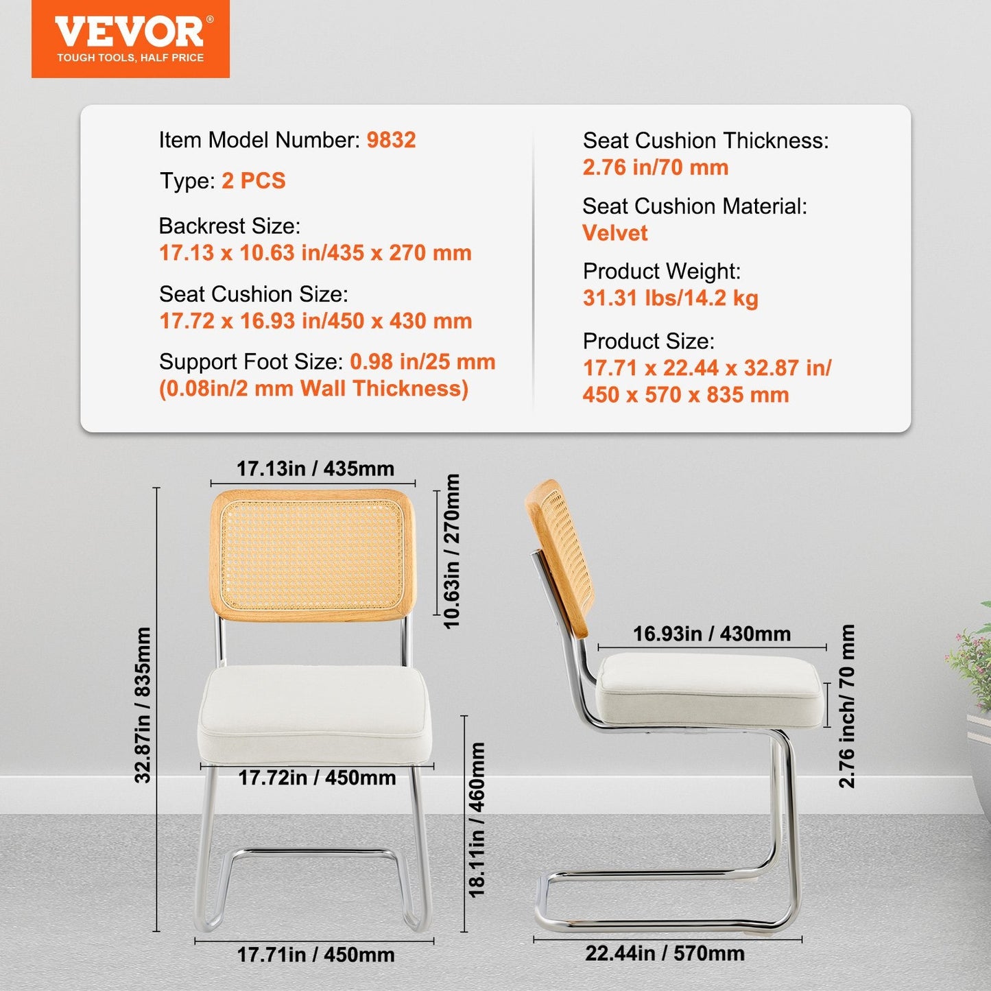 Mid-Century Modern Velvet Rattan Chairs Set with Metal Frame, White, 2-Pack