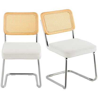 Mid-Century Modern Velvet Rattan Chairs Set with Metal Frame, White, 2-Pack
