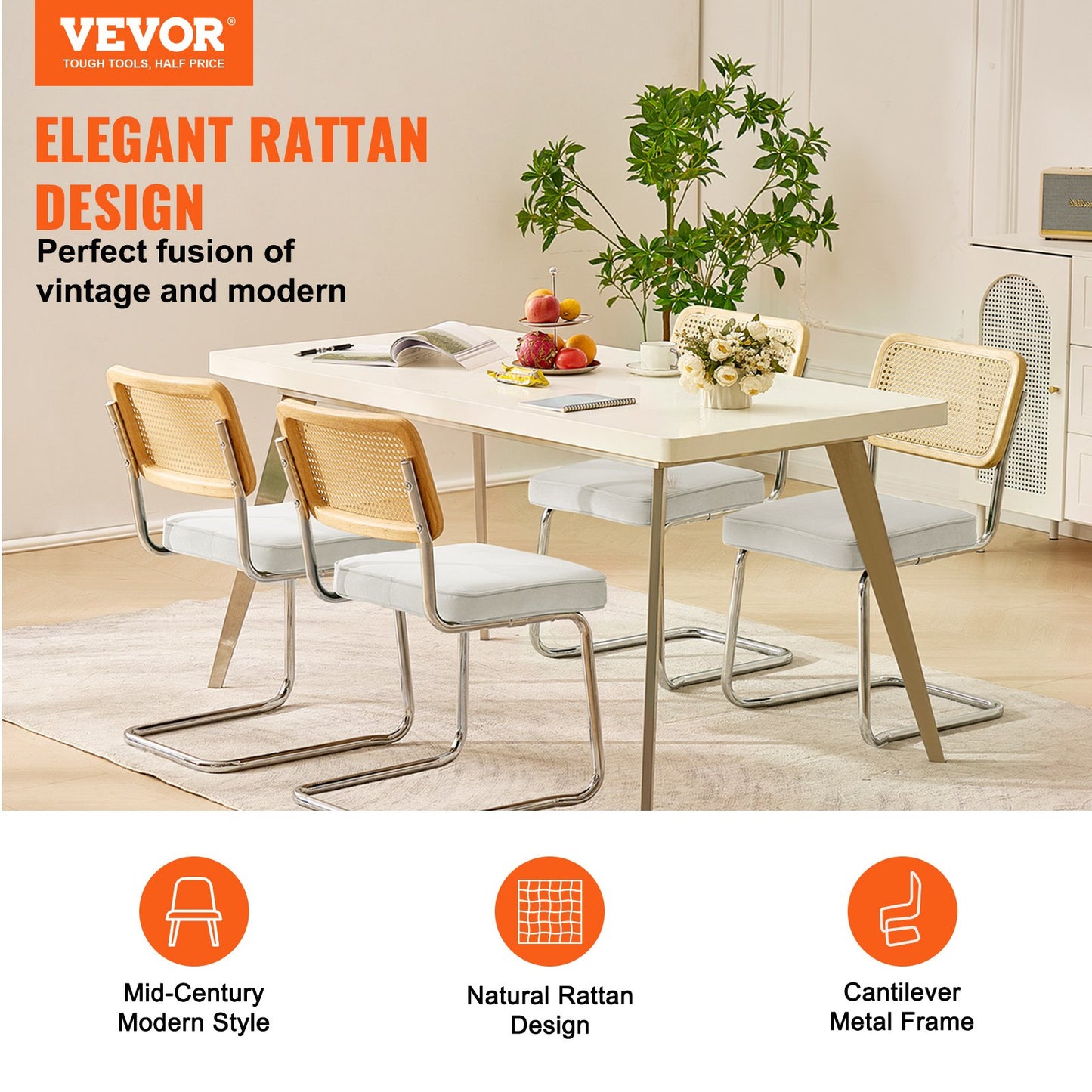 VEVOR Rattan Chairs, Set of 4, Mid Century Modern Dining Chair, Upholstered Velvet