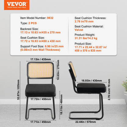 VEVOR Rattan Chairs, Set of 2, Mid Century Modern Dining Chair, Upholstered Velvet