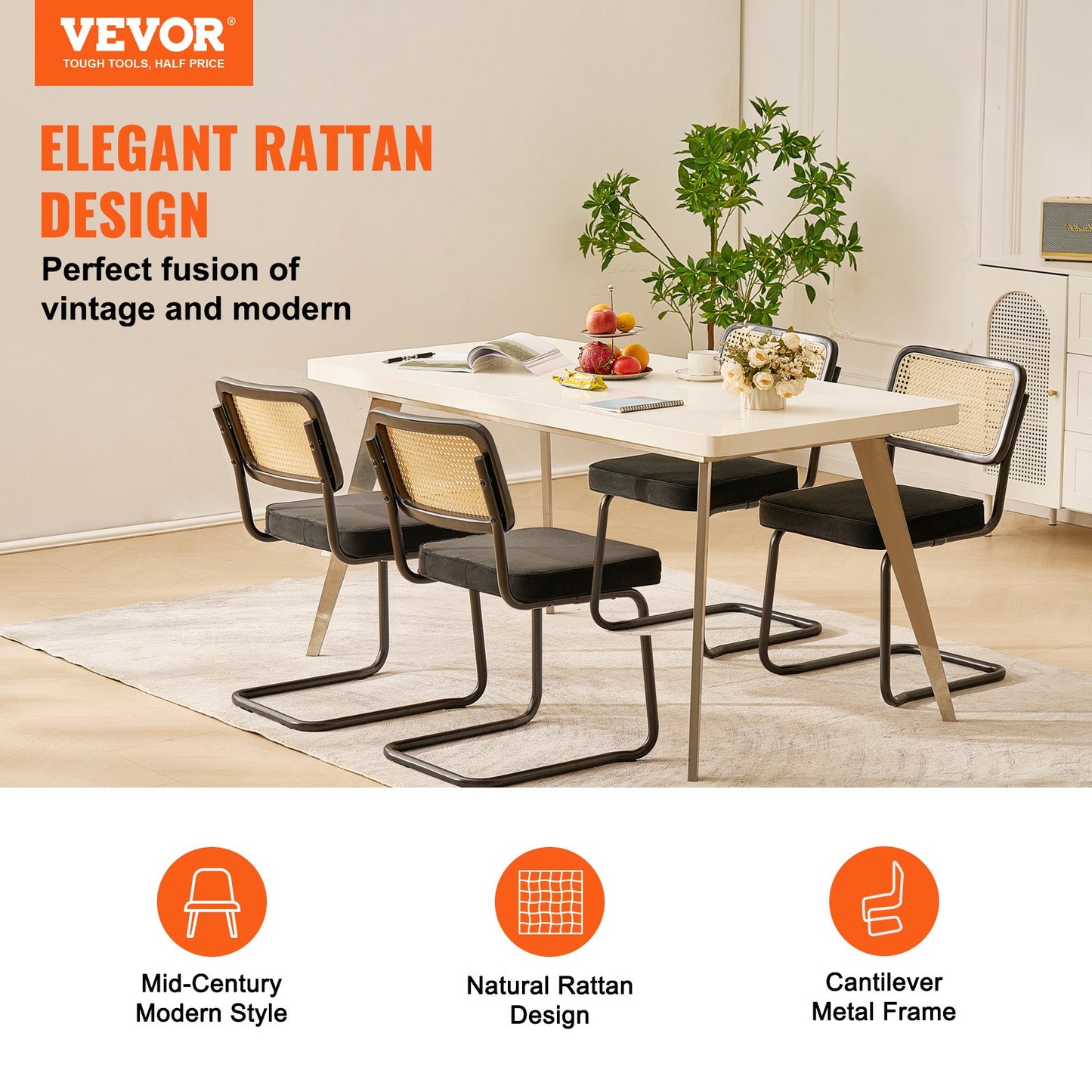 VEVOR Rattan Chairs, Set of 4, Mid Century Modern Dining Chair, Upholstered Velvet