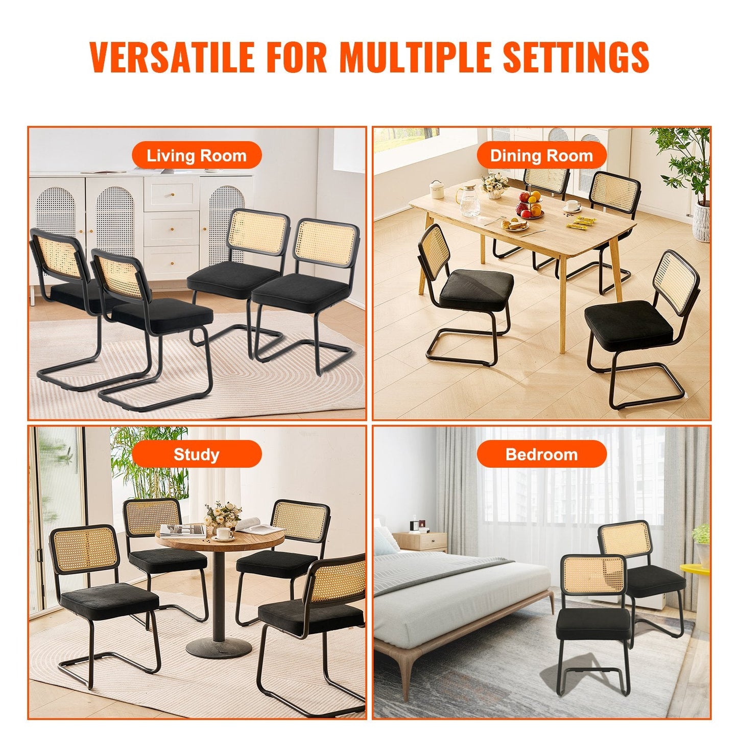 Set of 4 Mid-Century Modern Velvet Dining Chairs with Rattan Back, Black