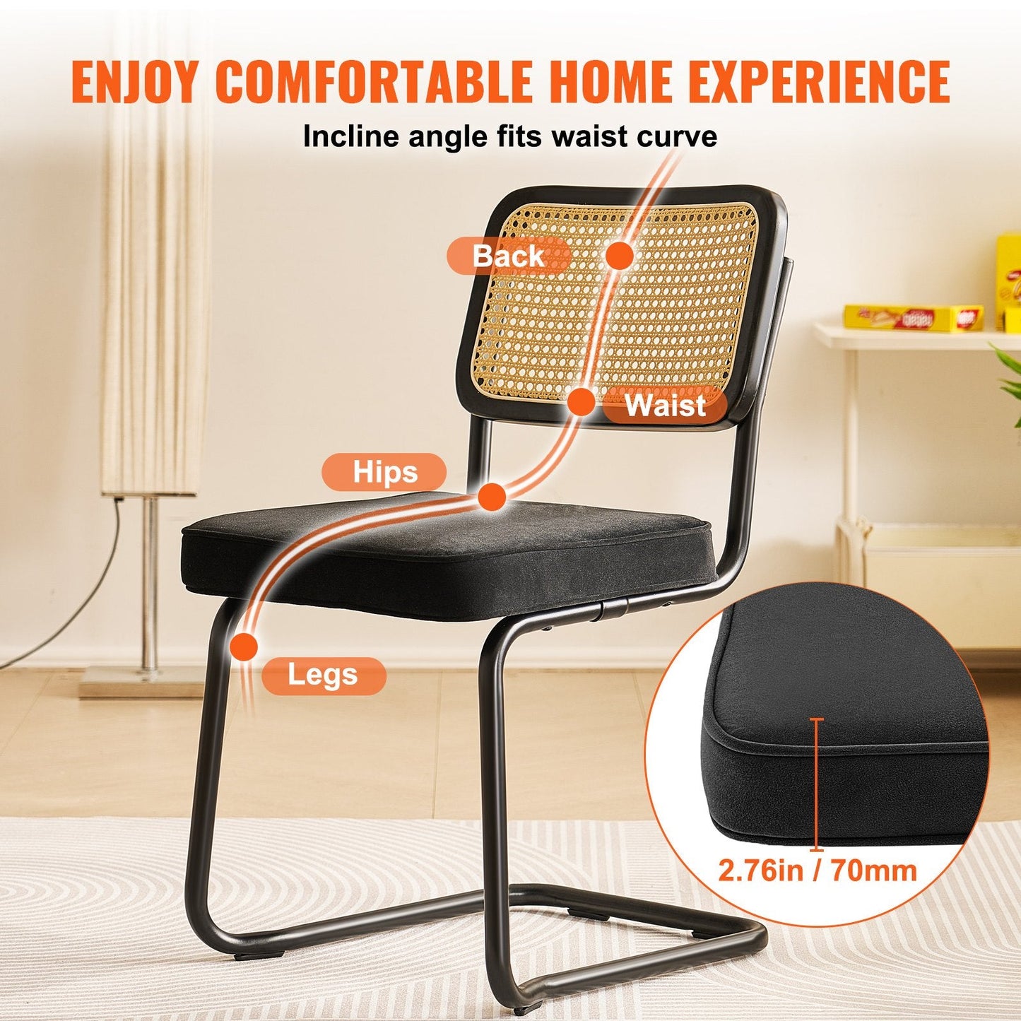 Set of 4 Mid-Century Modern Velvet Dining Chairs with Rattan Back, Black