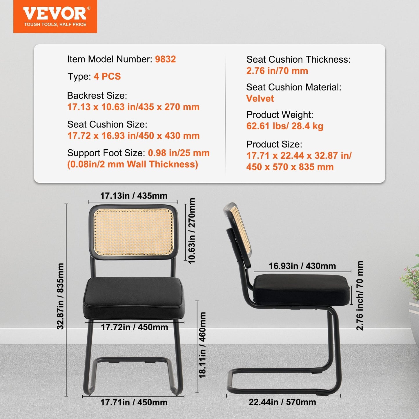 Set of 4 Mid-Century Modern Velvet Dining Chairs with Rattan Back, Black
