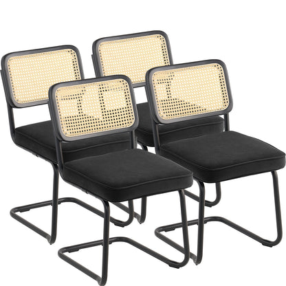 Set of 4 Mid-Century Modern Velvet Dining Chairs with Rattan Back, Black